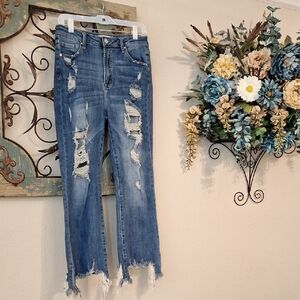 RISEN JEANS Trendy Distressed Blue Flare Jeans. Excellent Condition NWOT Size 13